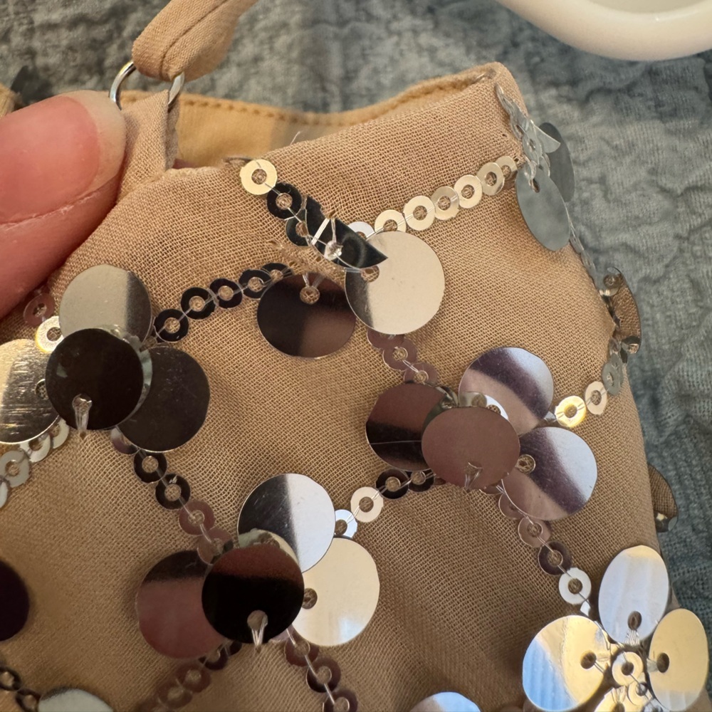 Zara Silver Sequin Beige Square Neck Mini Dress- Small - Picture 9 of 16